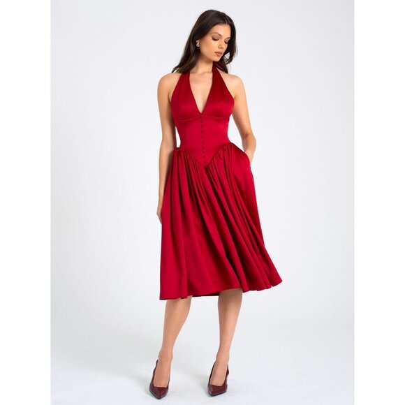 Cara Red Plunging Halter Backless Maxi Dress - Elegant Evening Gown - Picture 3 of 6